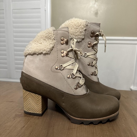 Sorel Boots Womens Size 9.5 Tan Brown Waterproof Heeled Shearling NL2768-271 - Picture 1 of 8